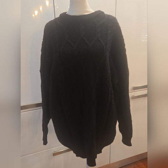 VTG Made In Ireland 100% Wool Chunky Fishermans Cable Knit Sweater Black Large - Picture 2 of 7